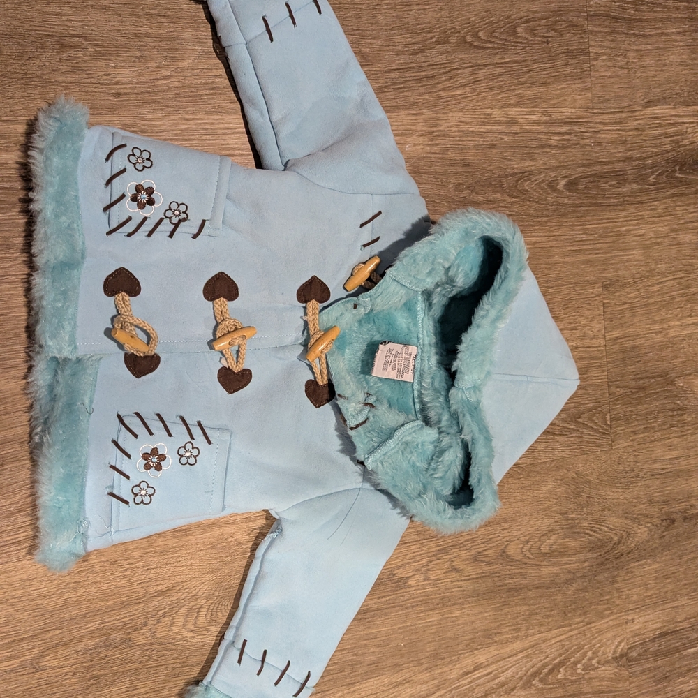 Talla Light Blue Hooded Toggle Coat with Floral Embroidery